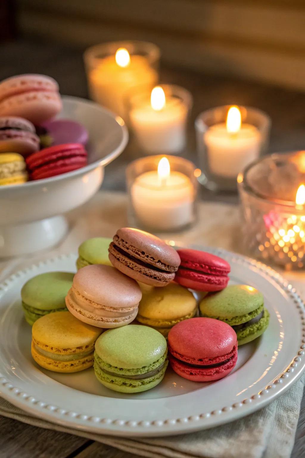 Macarons presented below gentle lighting.