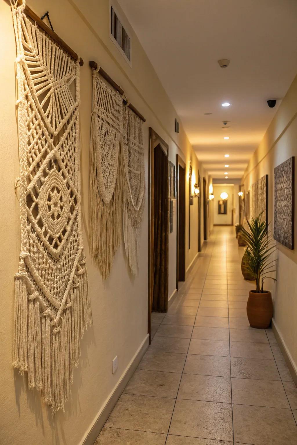 Macrame textile décor adding depth and individuality to a residence.