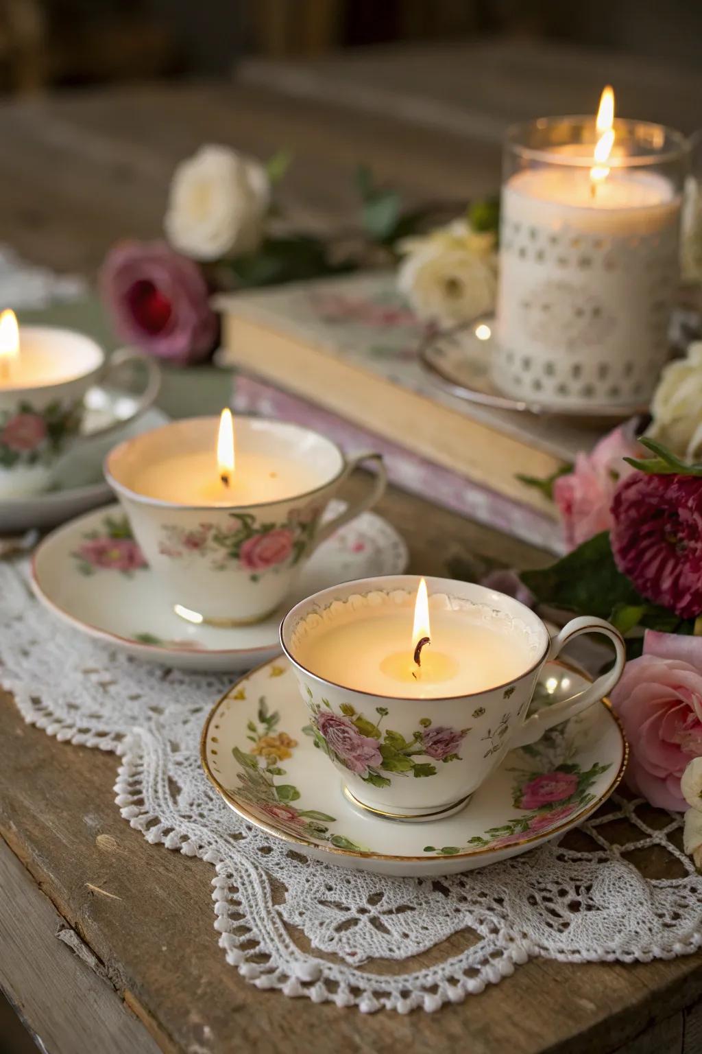 Charming lights crafted from antique teacups infuse charm and warmth into any celebration.