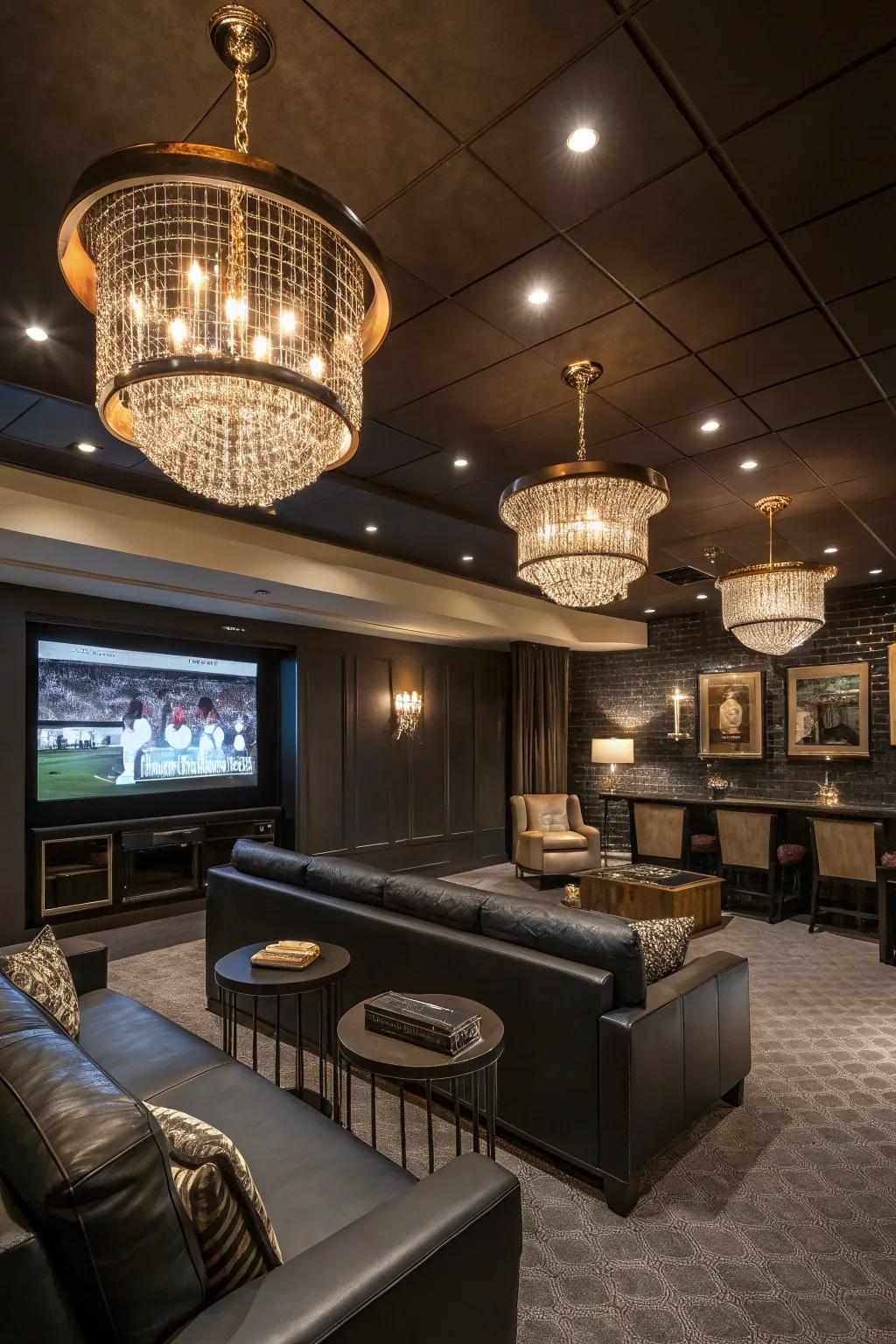 Stylish lighting creates a cozy ambiance in the man cave.