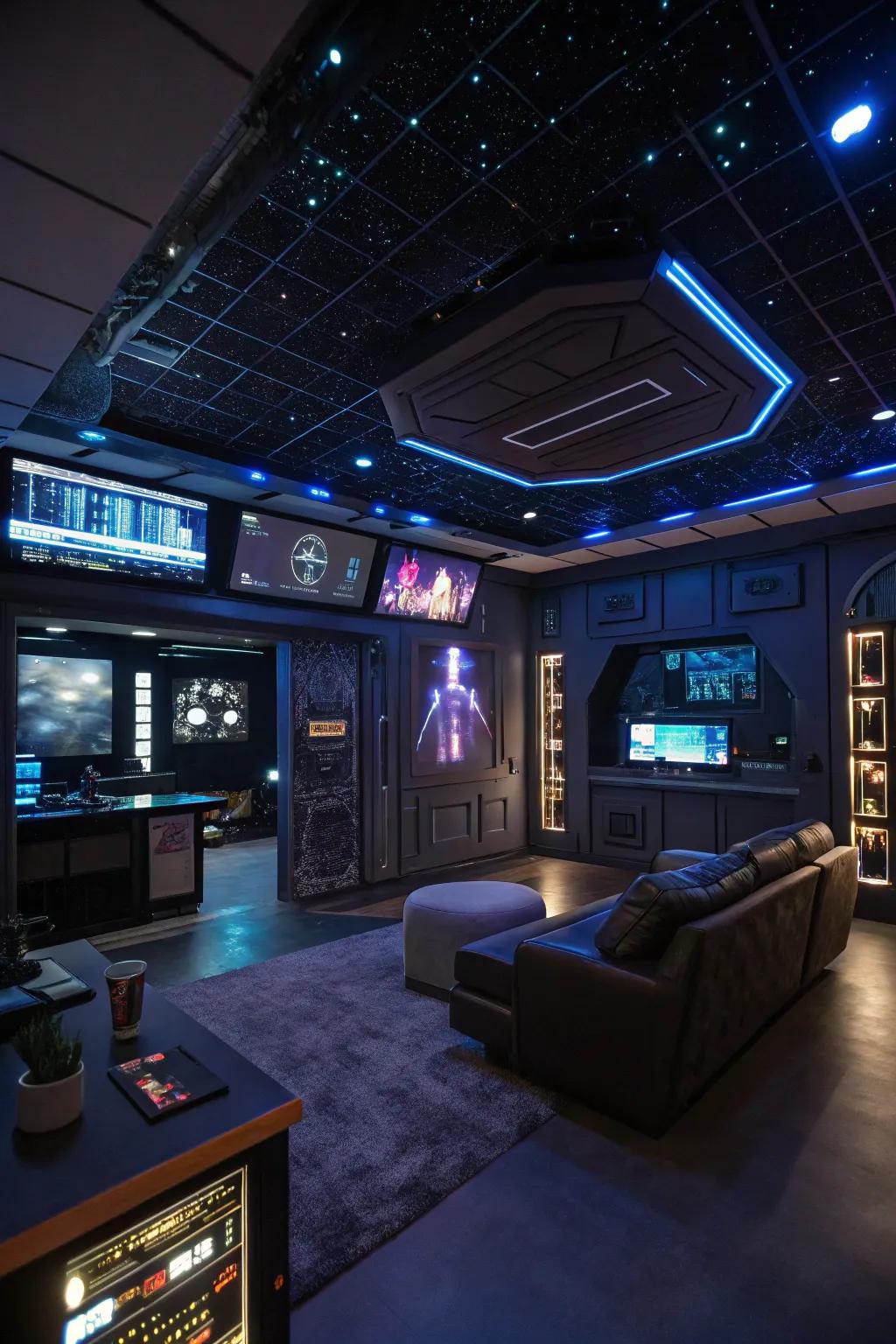 Embark into tomorrow within a science fiction-themed man cave.