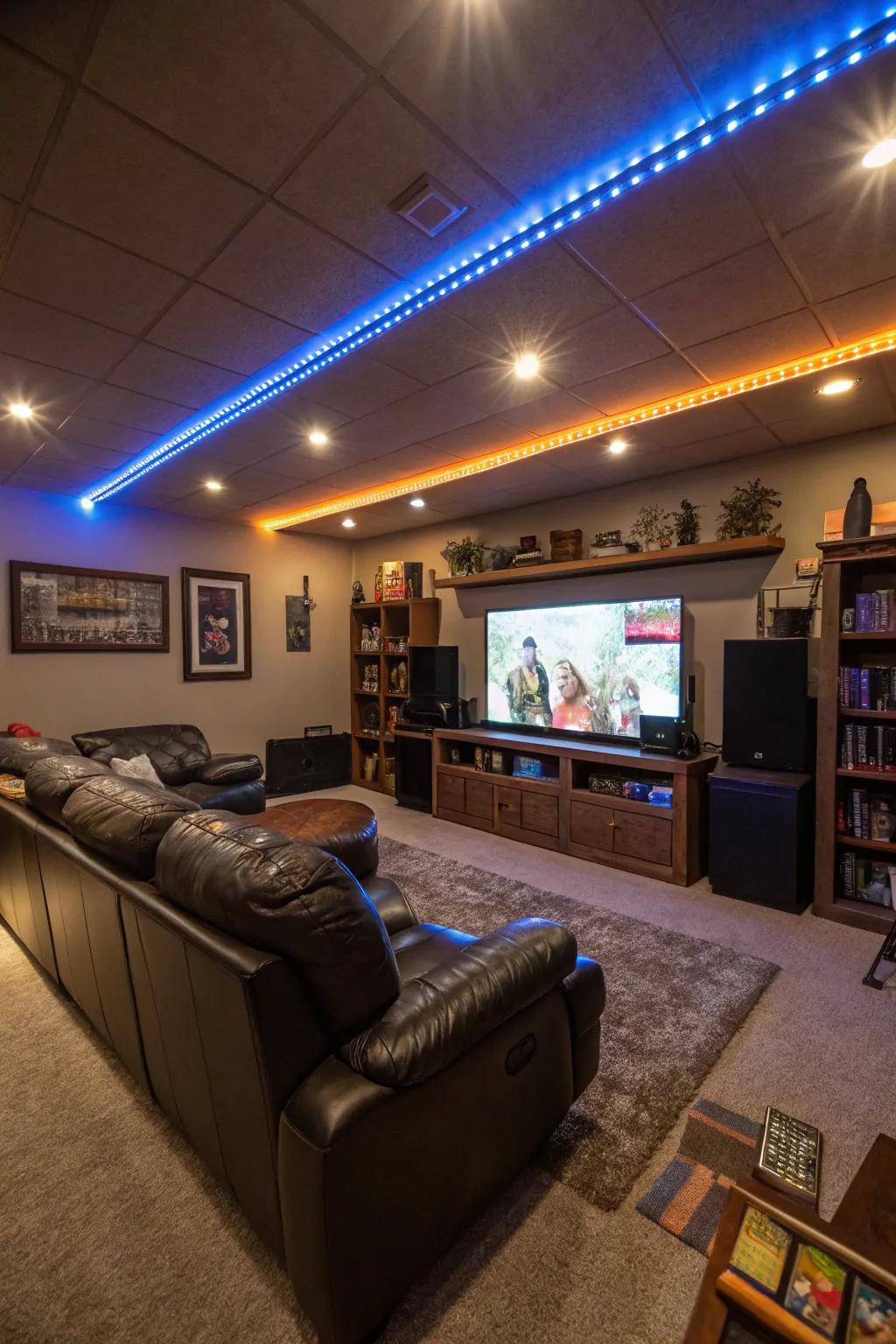 Ambient lighting using color-changing LED strips in a man cave.