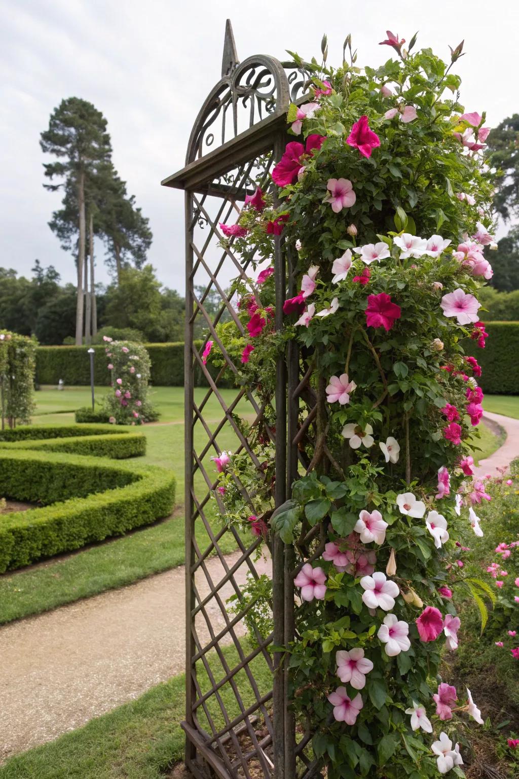 A wrought iron trellis enhances sophistication and grace with blossoming <strong><em>Dipladenia splendens</em></strong>.” loading=”lazy” class=”pimg”>
	</picture><figcaption>A wrought iron trellis enhances sophistication and grace with blossoming <strong><em>Dipladenia splendens</em></strong>.</figcaption></figure>
<p>For a hint of refinement, a wrought iron trellis provides both resilience and beauty. The contrast of iron with the delicate petals of <strong><em>Dipladenia splendens</em></strong> forms a striking visual impact that I admire.</p>
<h3>You might like:</h3>
<ul class=