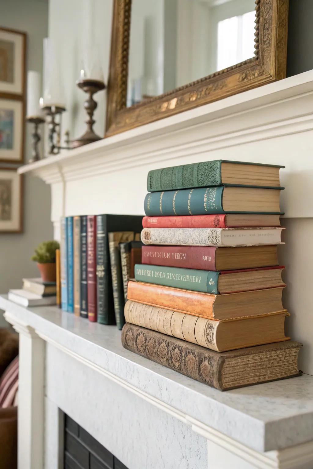 Thoughtfully arranged book piles contribute a dash of refinement and intrigue to this mantel.