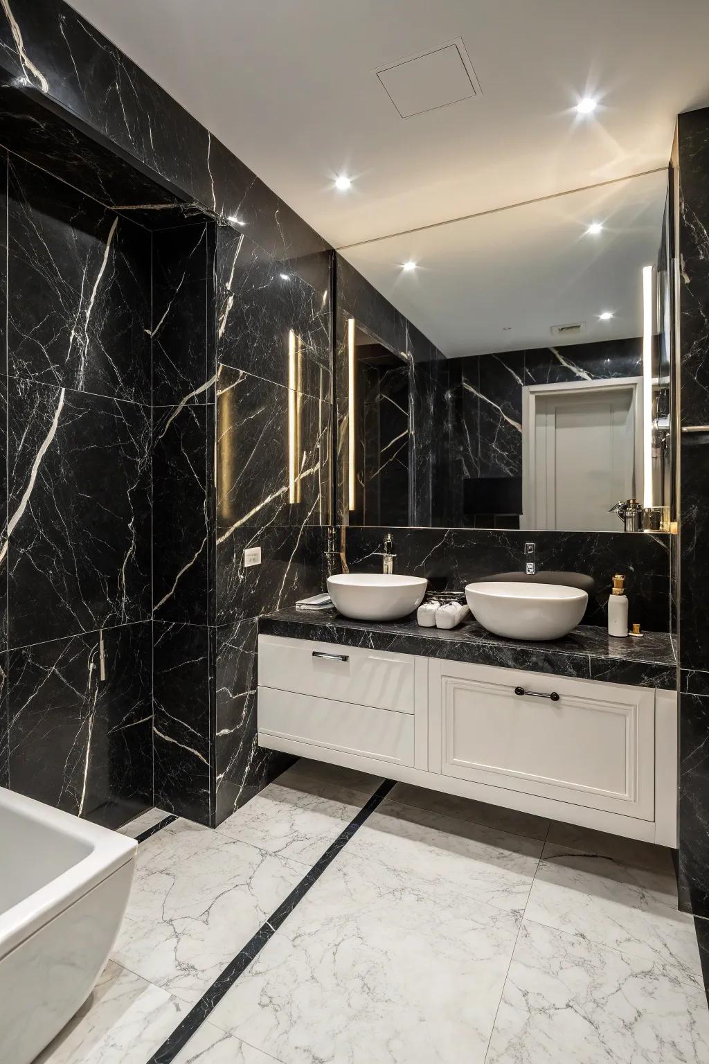 Black marble establishes a dramatic and captivating aesthetic in this bathroom.