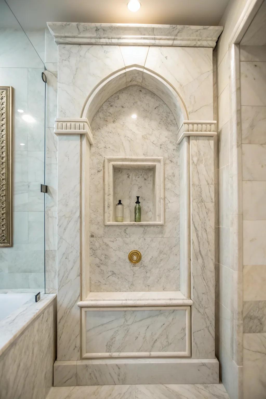 A symmetrical stone niche adds balance to your shower design.