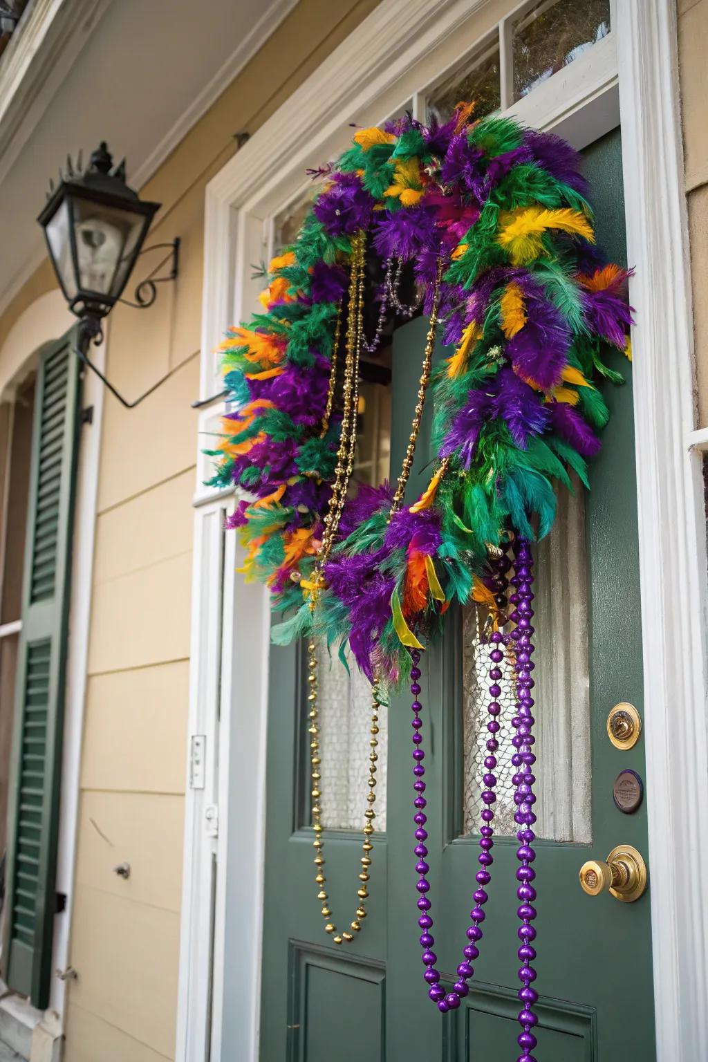 Greet visitors with a celebratory Mardi Gras ringlet decoration.