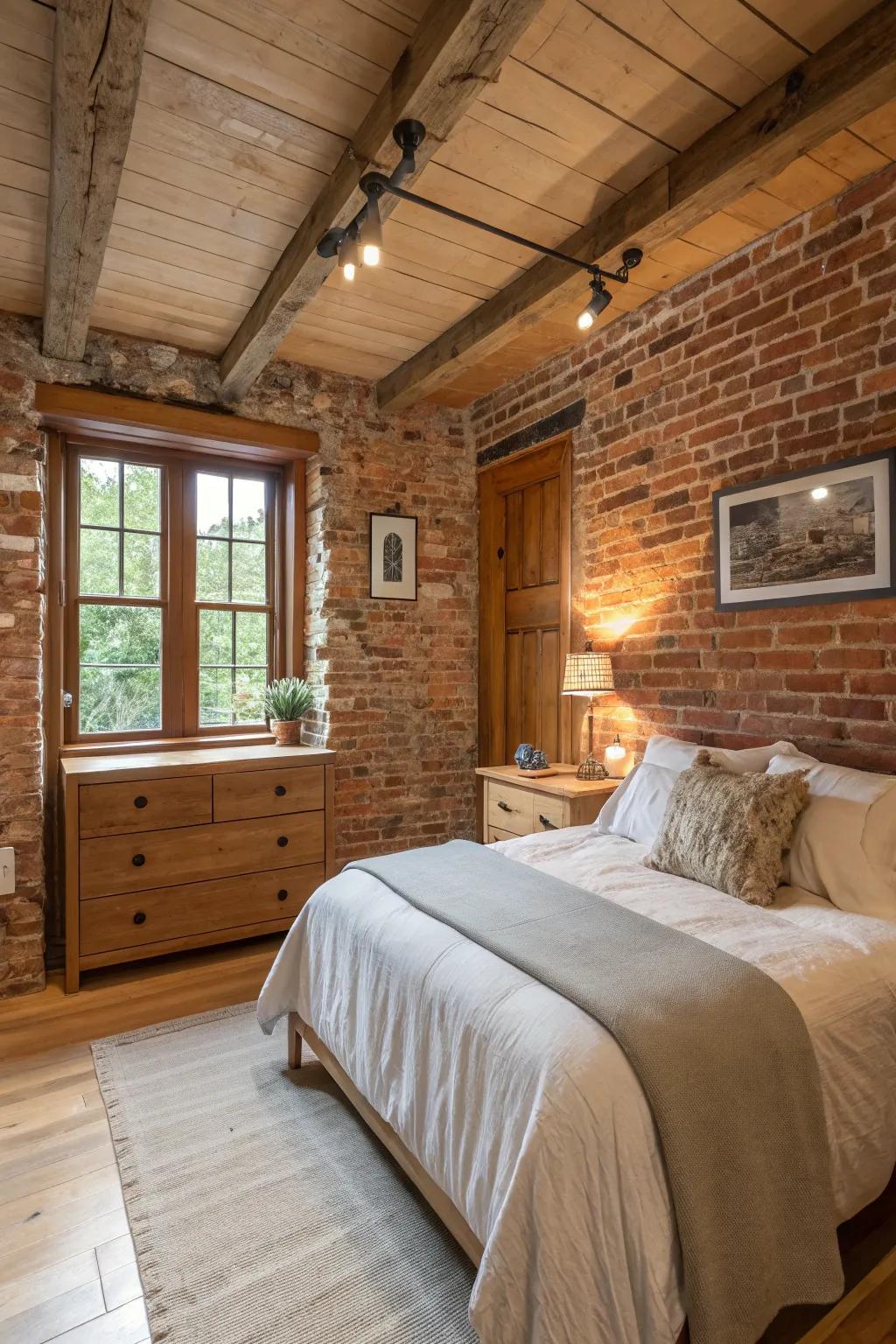 Raw elements like brick and wood contribute warmth and personality.