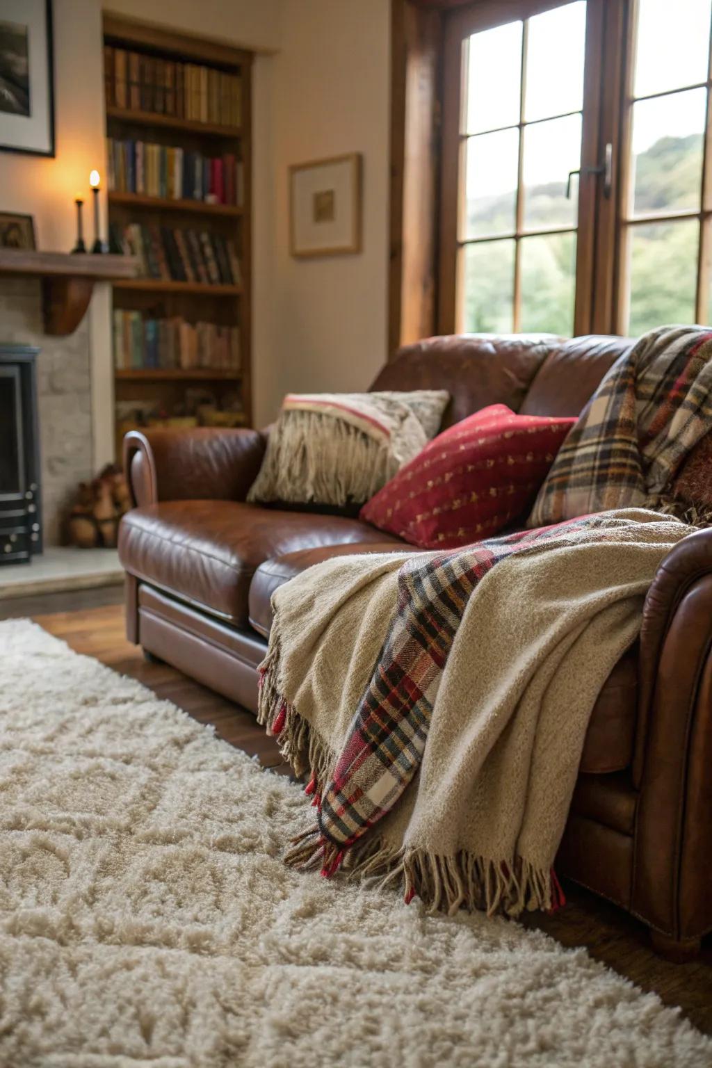 Weaved rugs and wraps contribute layers of ease to the retreat.