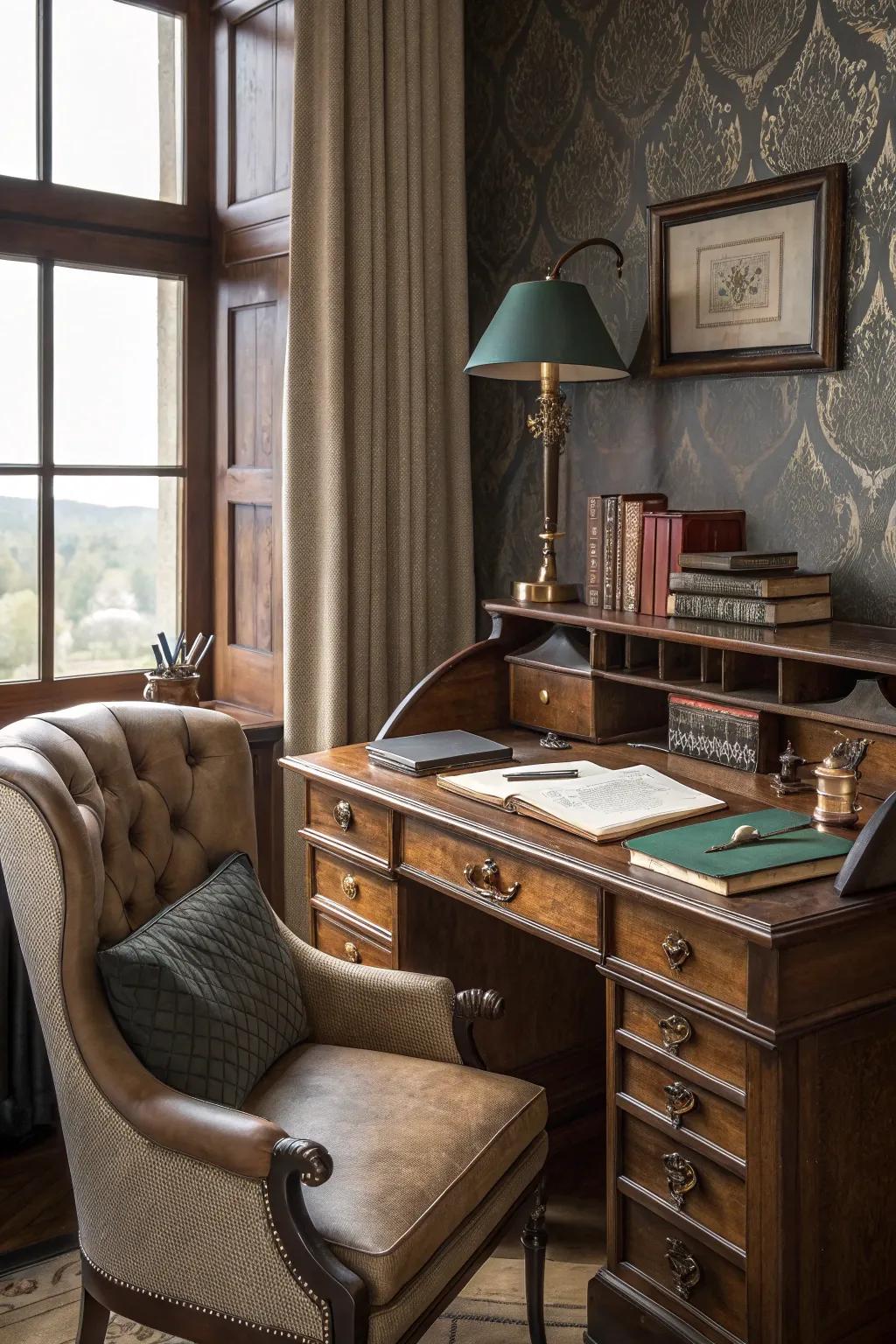 Wallpaper that resembles leather introduces a hint of luxury.