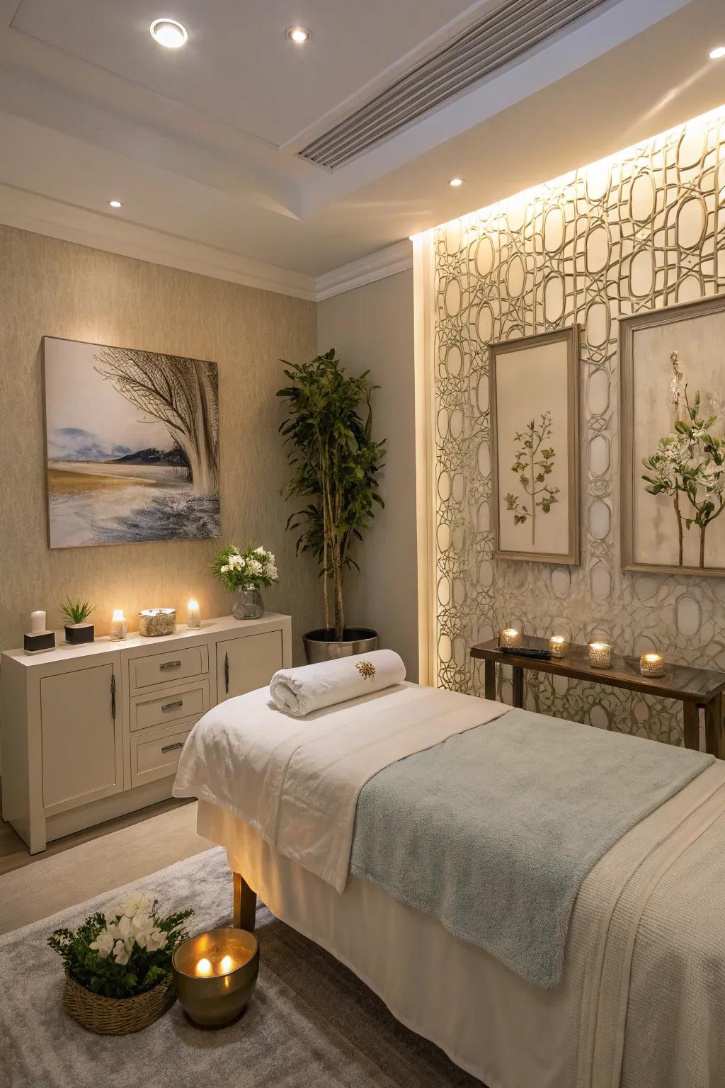 Ornamental details enhance the room's tranquility.