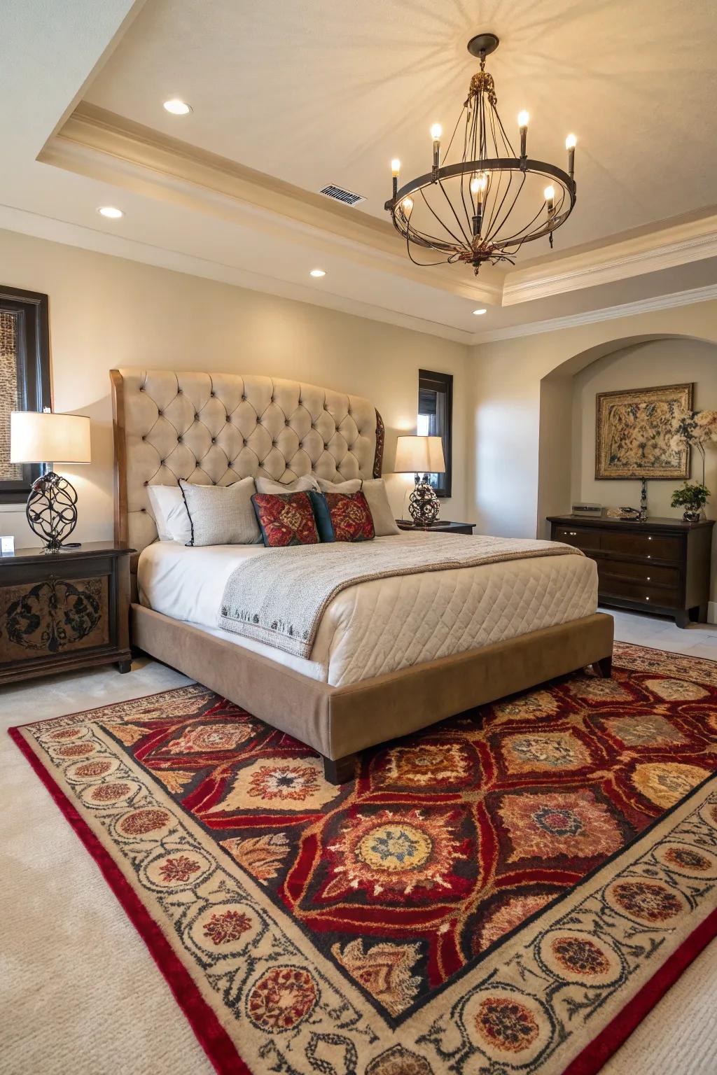 A statement rug enriches your bedroom with personality and warmth.