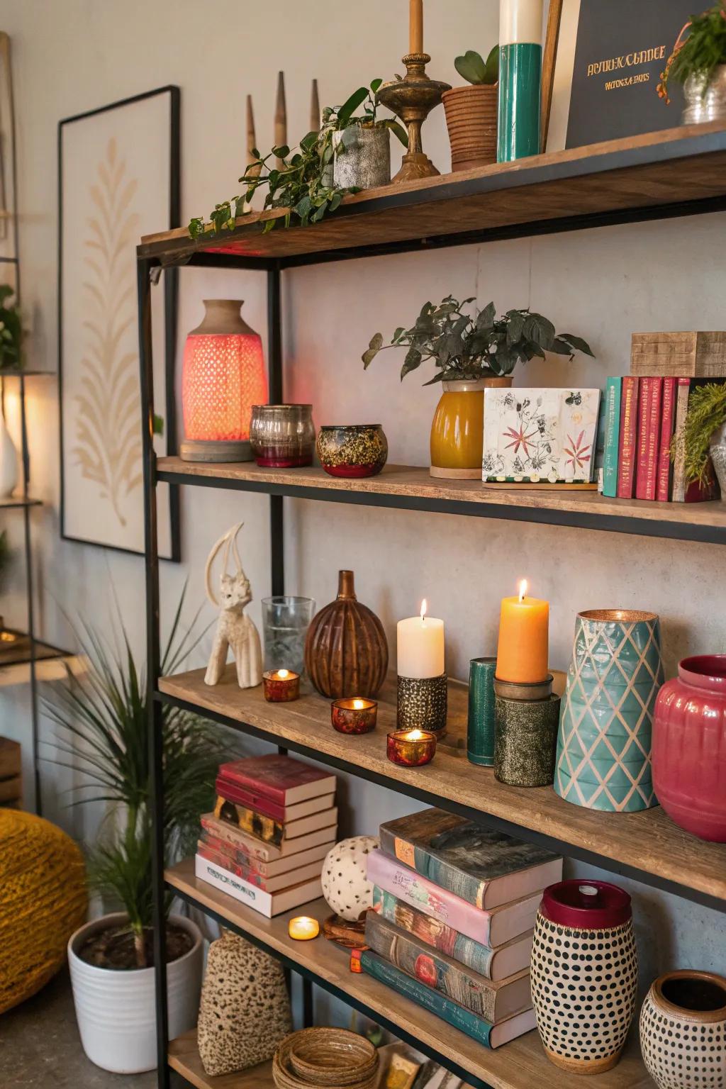 Peculiar vases and sculptures introduce layers to this maximalist space.
