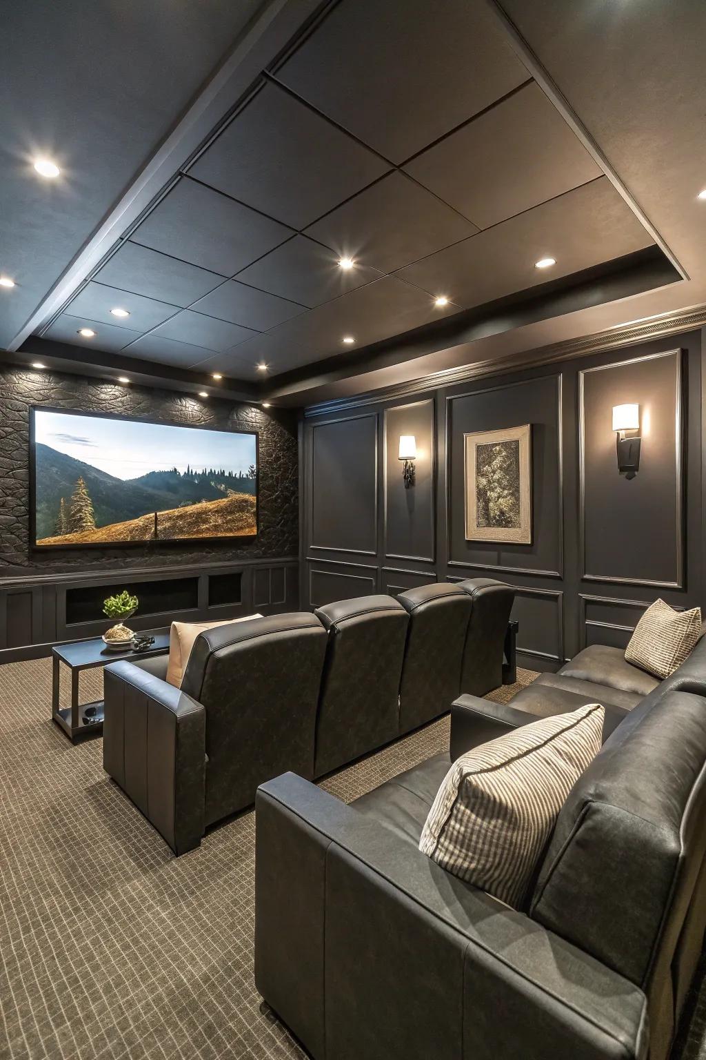 A bold media room featuring charcoal walls, ideal for a dramatic effect.