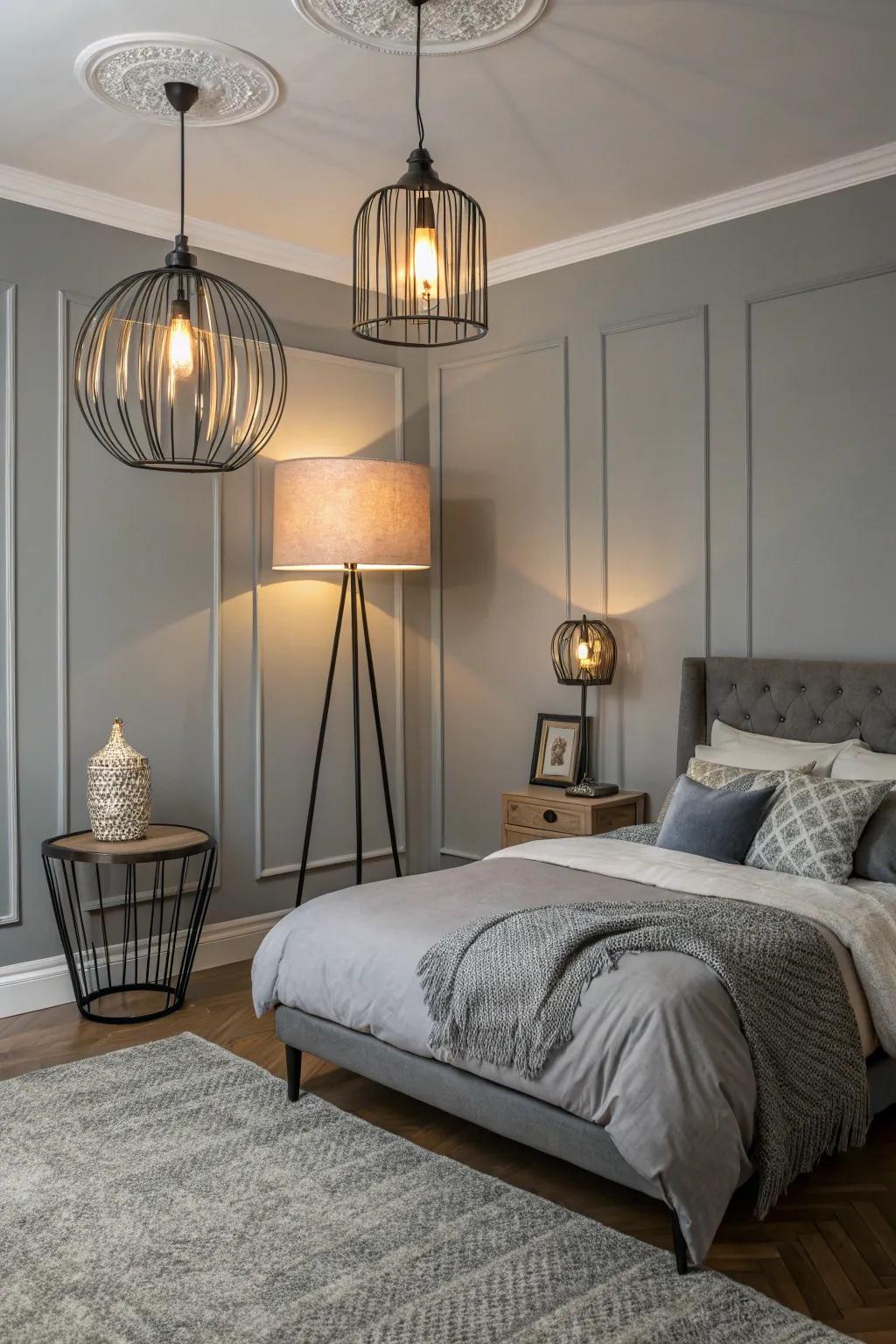 The grey bedroom is illuminated and enhanced by modern lighting.