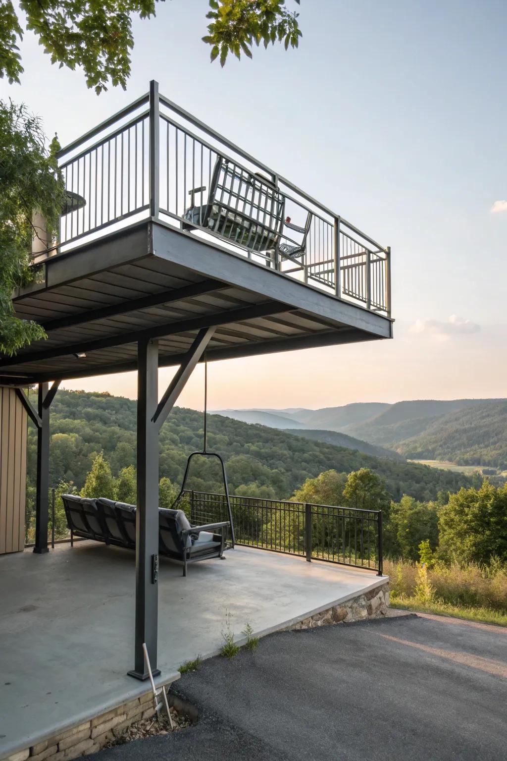 A carport enhanced with a balcony provides additional recreational space with scenic views.