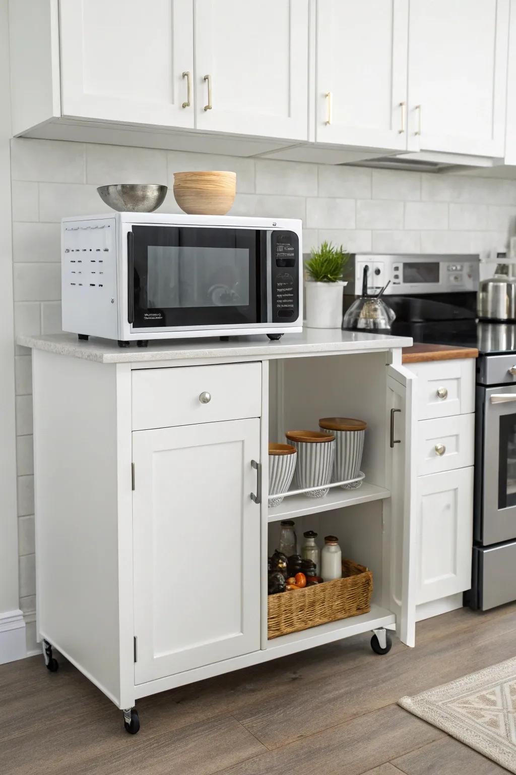 Keep your space tidy with a cart featuring cabinets that close.