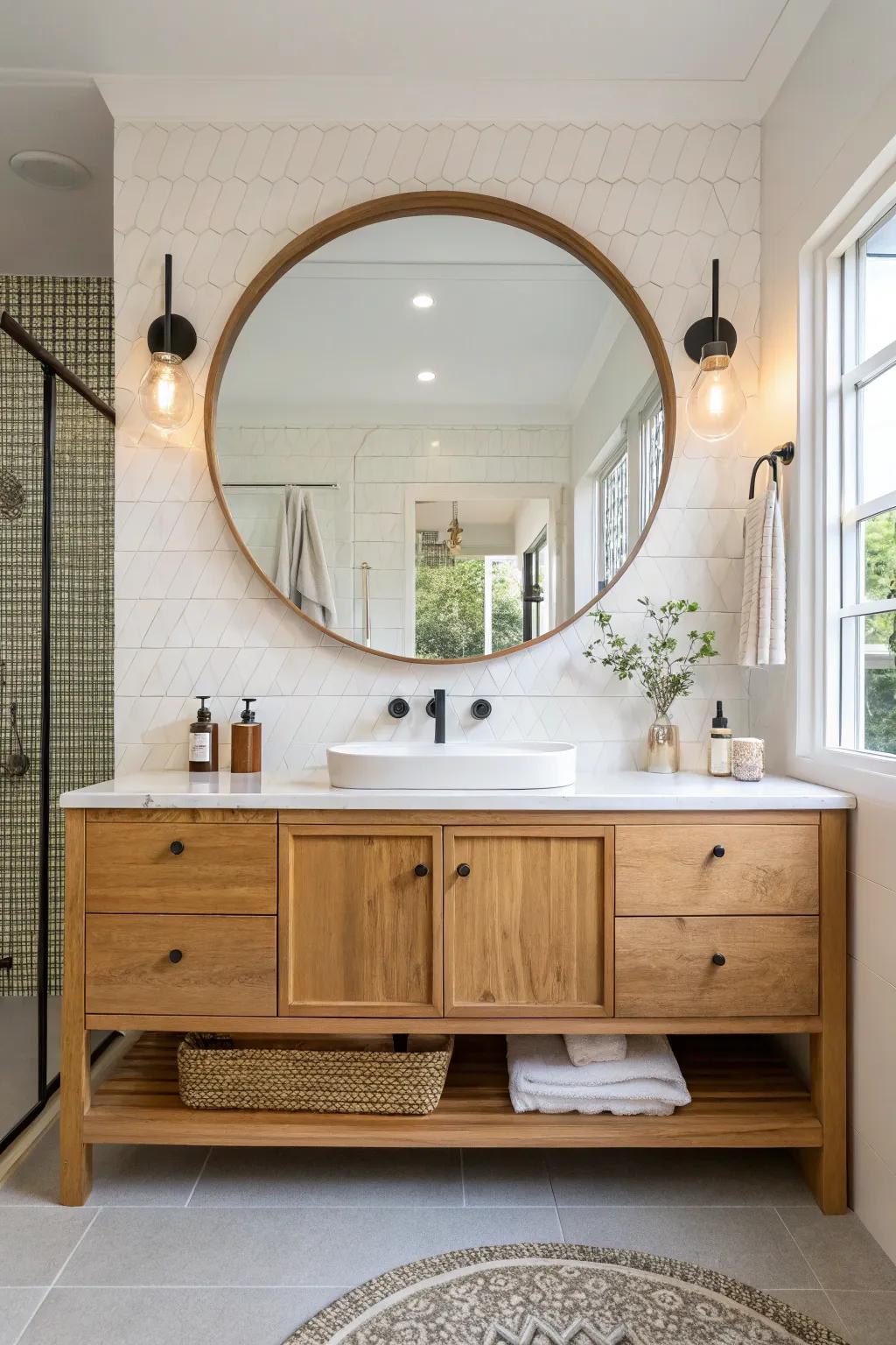 The round mirror functions as a chic centerpiece above the vanity.