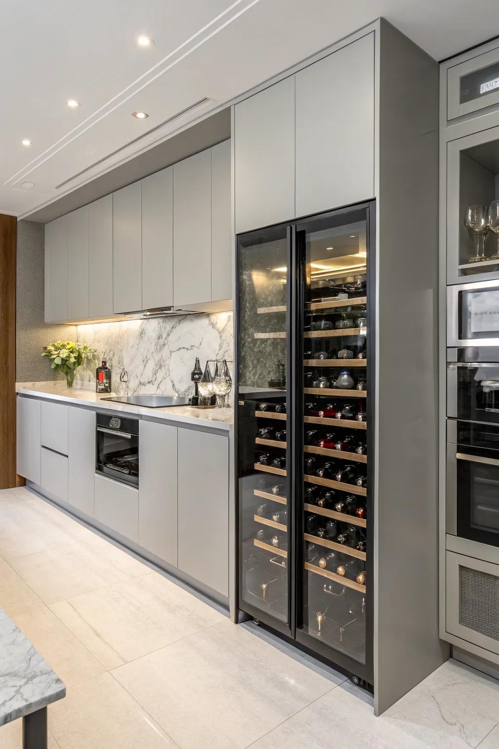 An integrated wine rack smoothly integrates storage with flair.