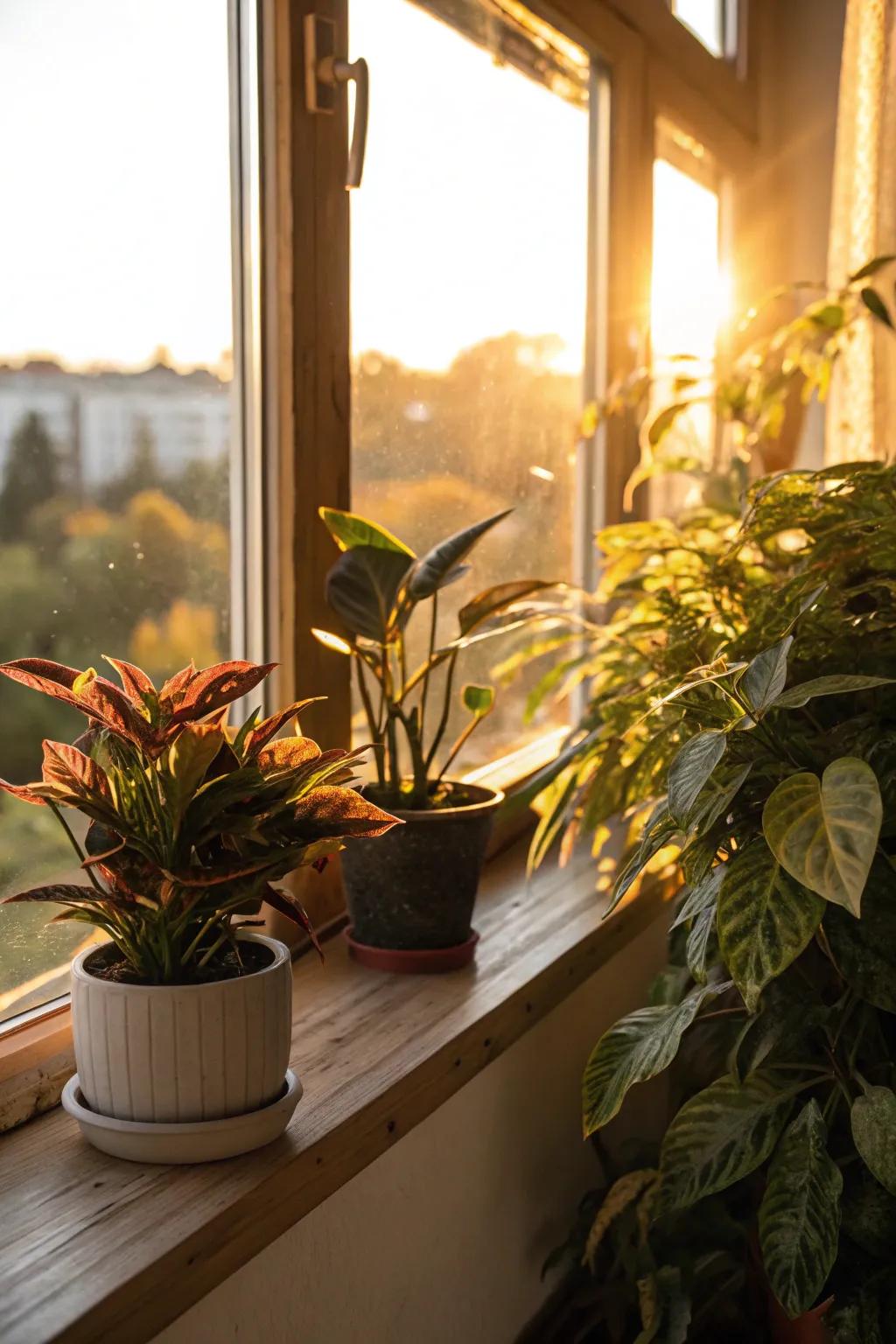 A variety of plants flourishing on a sun-drenched windowsill.