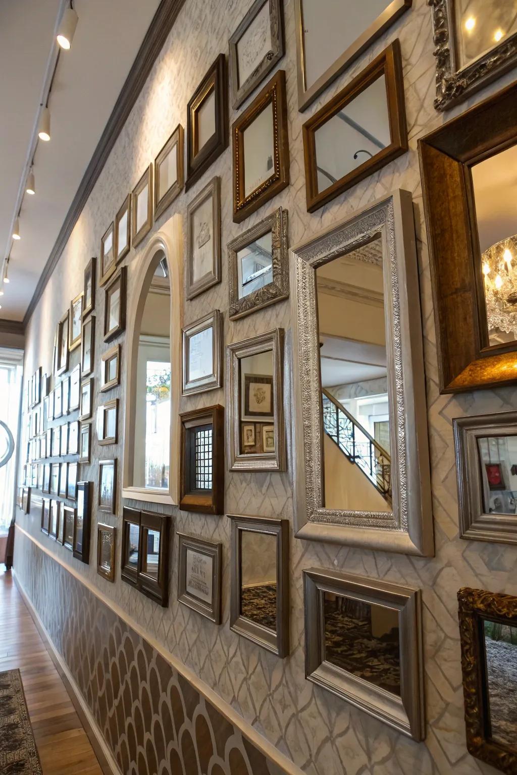 A patchwork of petite mirrors generates an artistic display in a passageway.