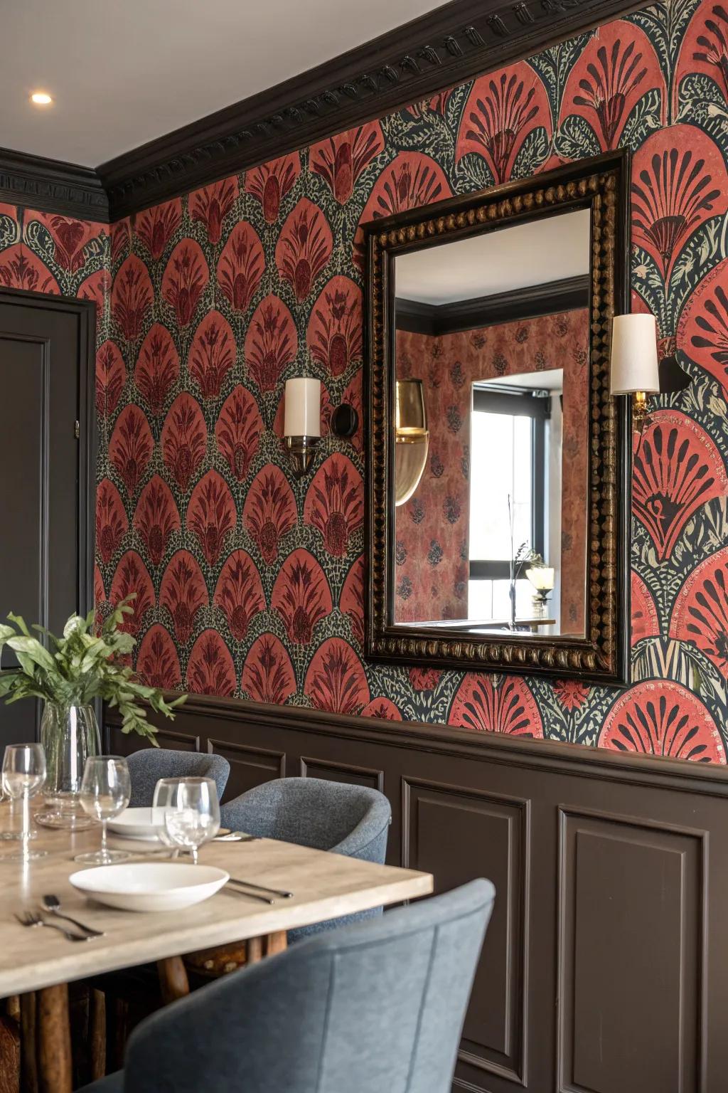 Reflections can elevate the expressiveness of patterned wallcoverings.