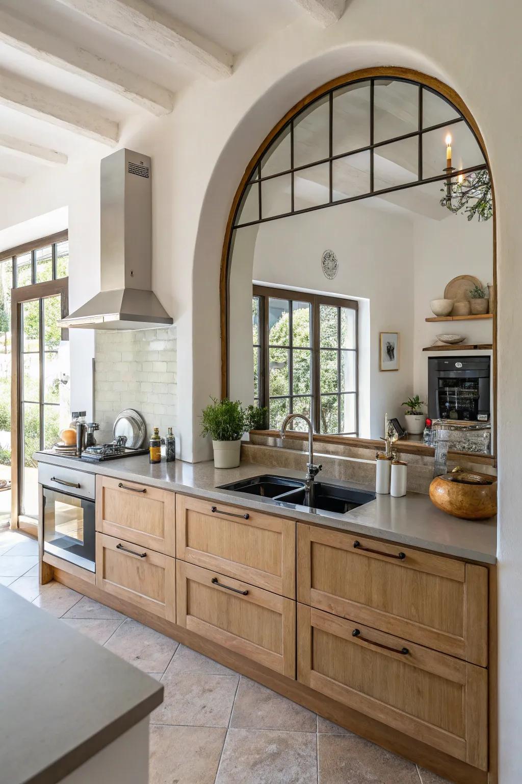 An arched mirror enhancing architectural appeal and complementing the overall kitchen design.