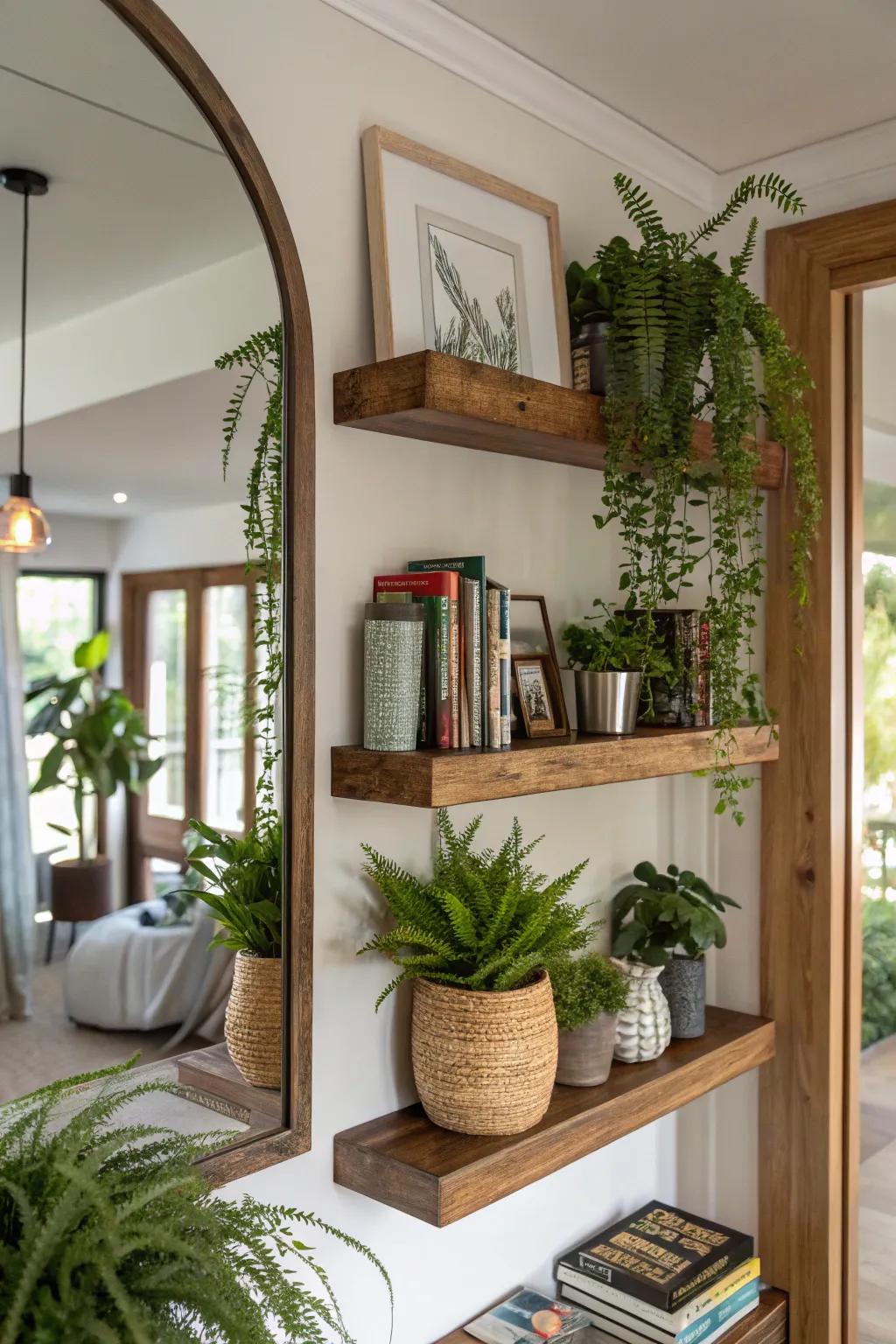 A thoroughly utilized corner showcasing a mirror and wall-mounted shelves for added charm.