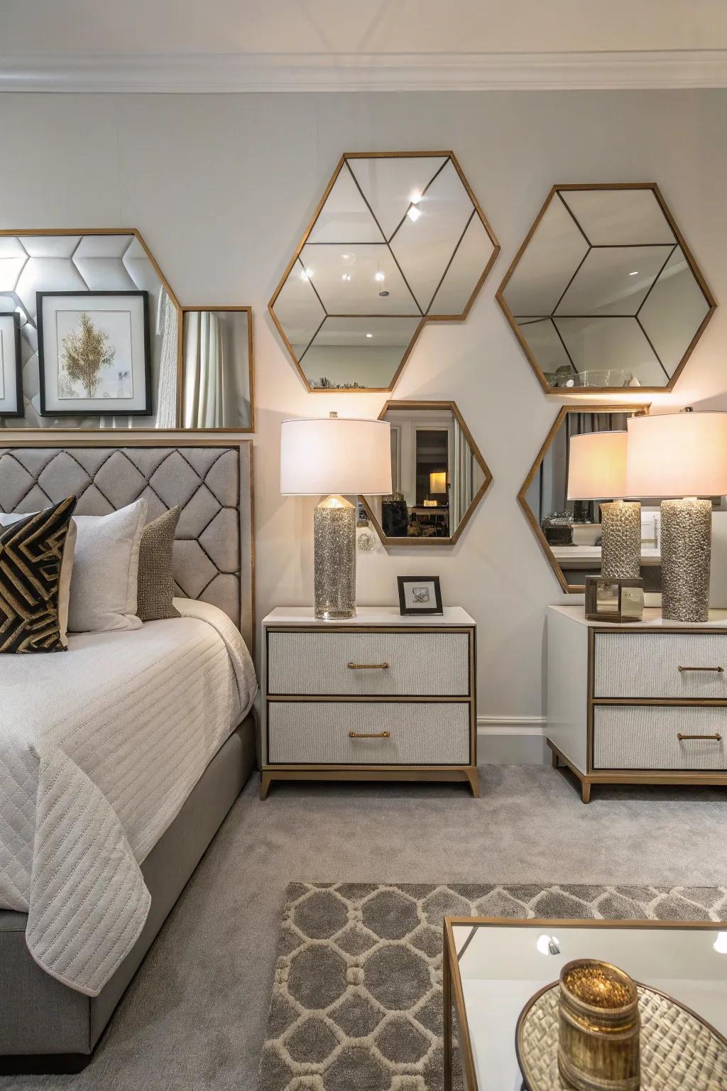 Angular reflectors append a dynamic and contemporary panache to the bedroom.