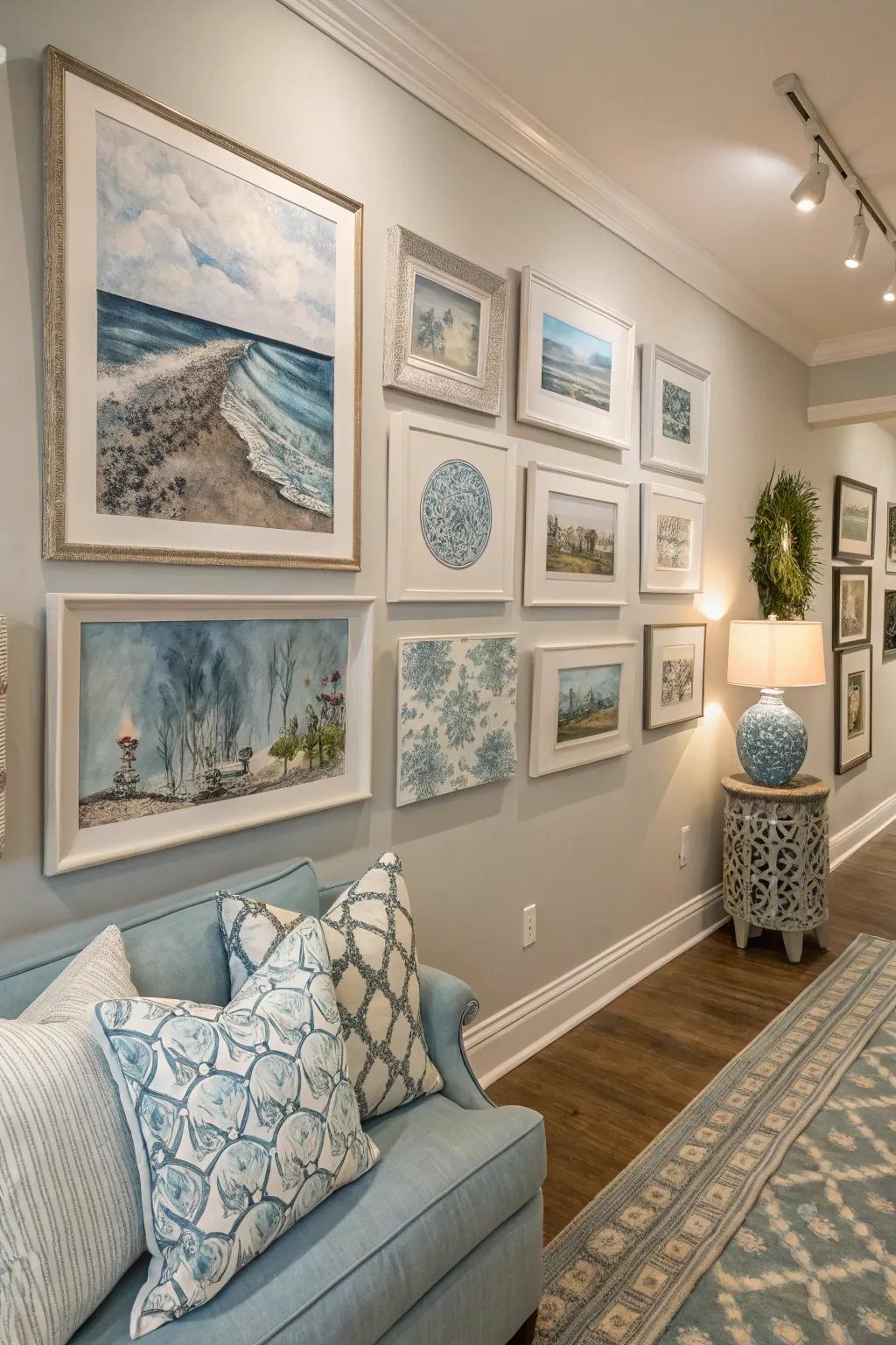 The cohesive color scheme brings unity to the gallery wall.