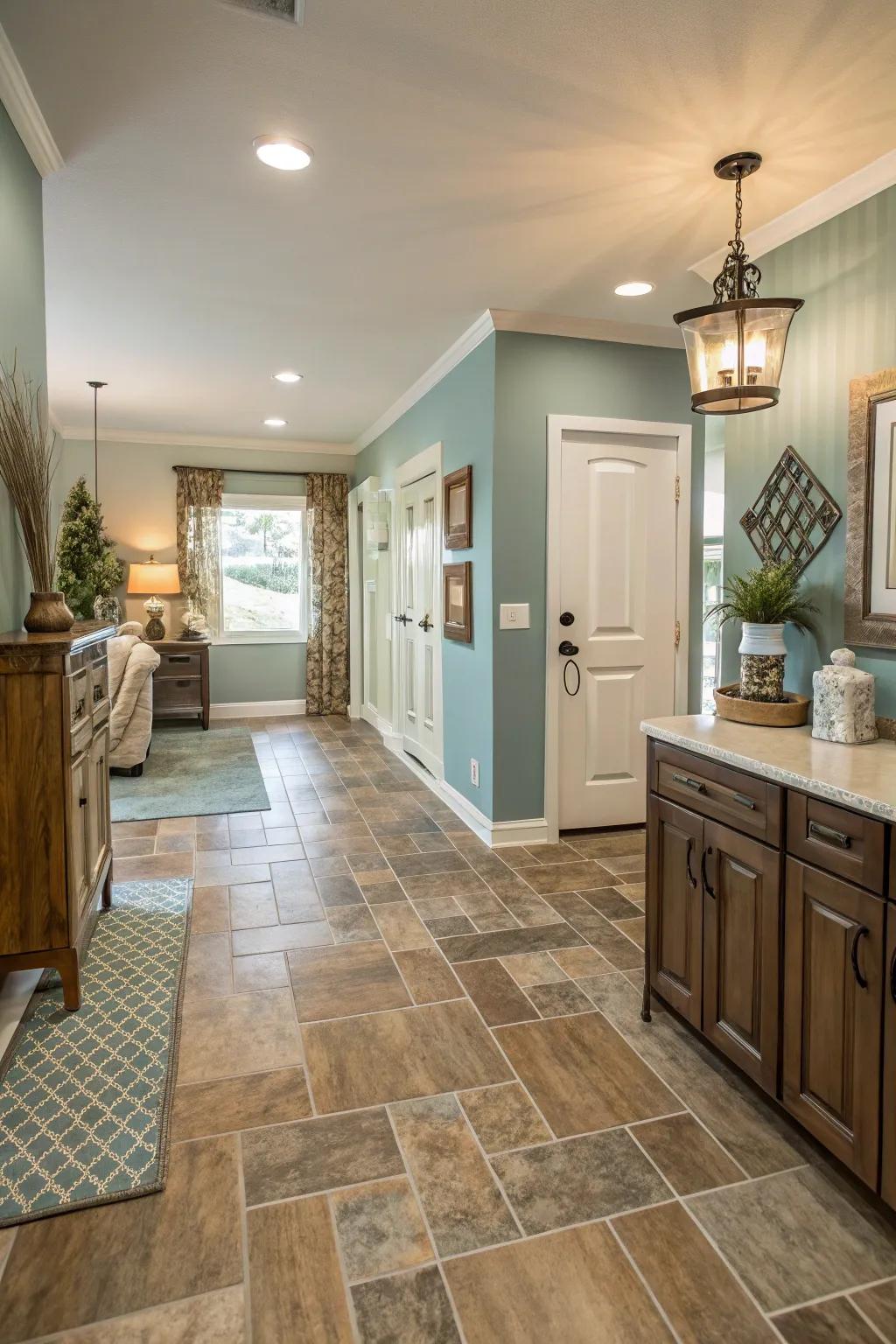 A harmonious color scheme unites diverse flooring types for a seamless look.