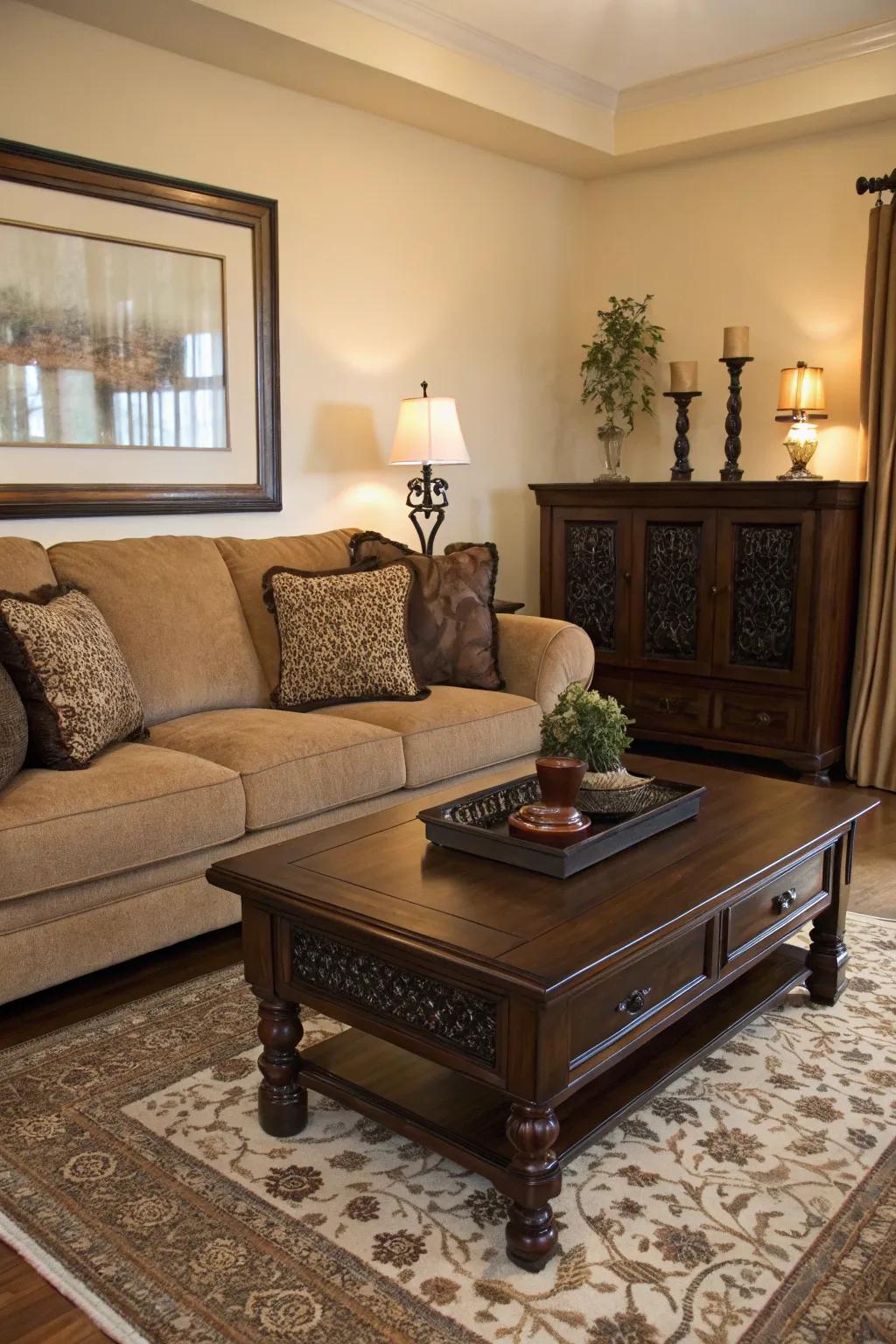 Dark features introduce depth and contrast to the cocoa sofa arrangement.