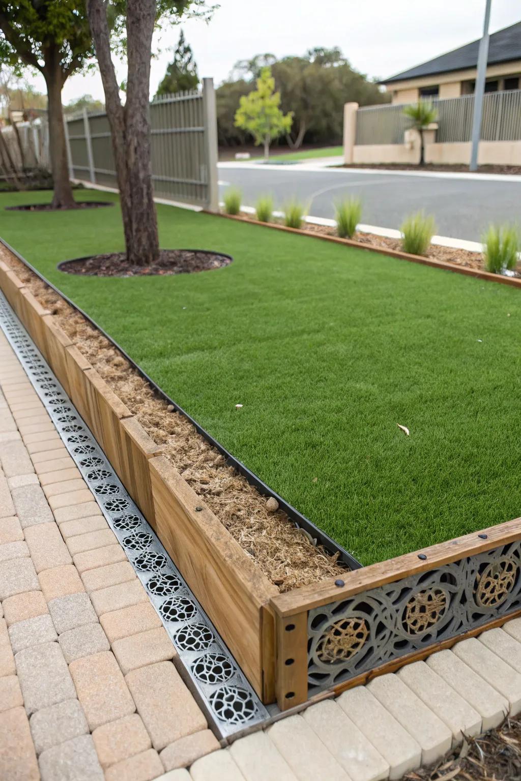 Creative edging wonderfully defines the artificial lawn area.
