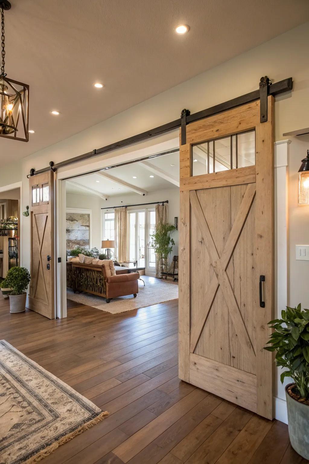 Double barn doors provide sophistication and practicality for expansive spaces.