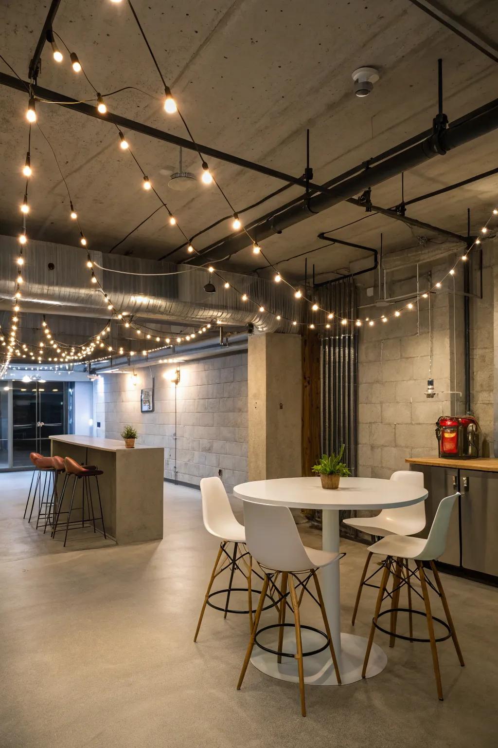 Bead lights adorn the basement with whimsical allure and a modern vibe.