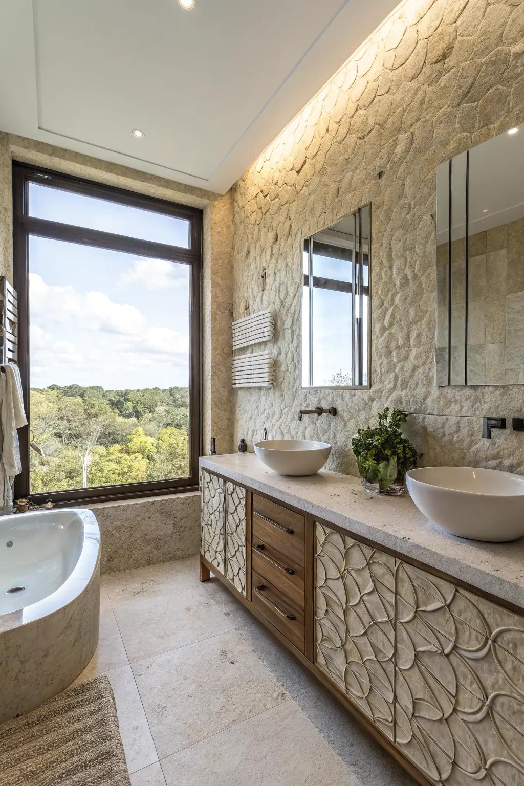 Textured tiles provide depth and individuality to this contemporary bathroom.
