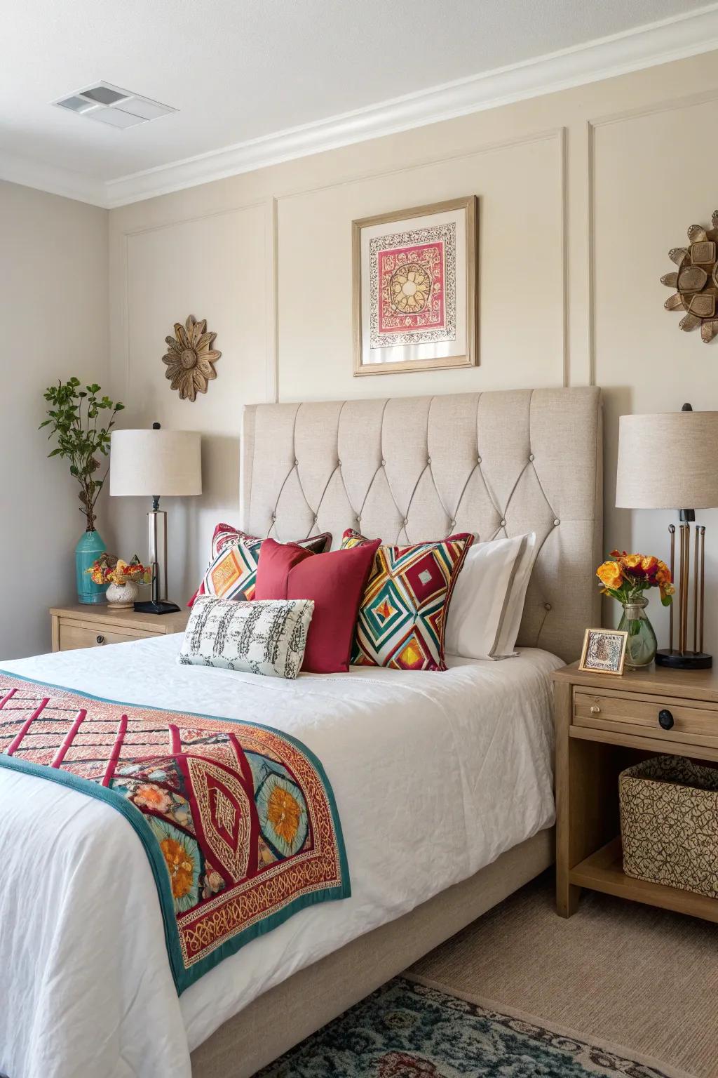 Nuanced colors paired with accent colors create a balanced bedroom design.