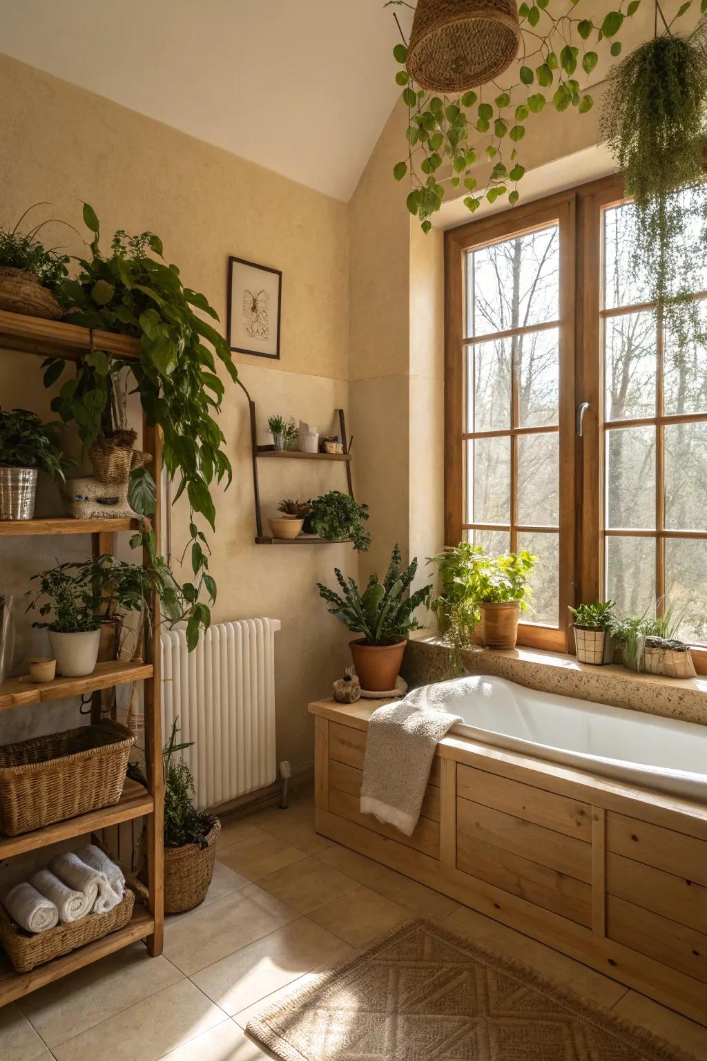 Flora add life and vibrancy to a beige bathroom.
