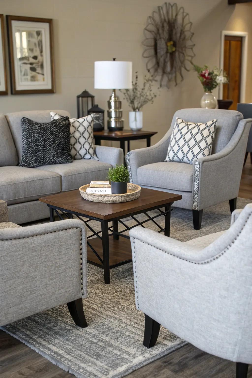 Ash sitting chairs with dark legs offer stylish seating options.