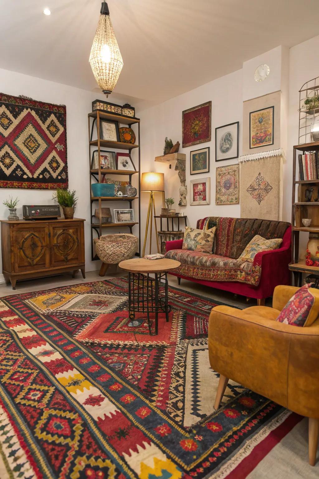 Eclectic room displaying a bold patterned carpet and vintage décor elements