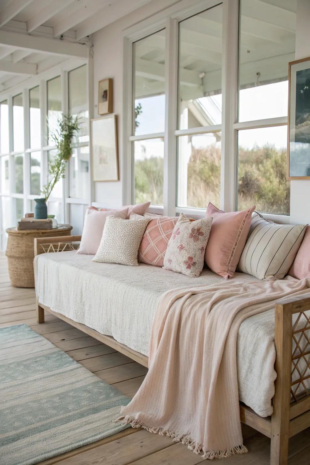 Understated and light bedding tones provide a calming influence on a daybed.