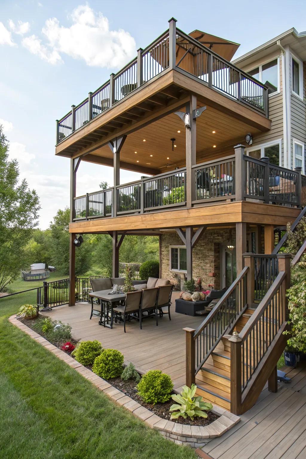 A layered deck that provides unique spaces for various activities.