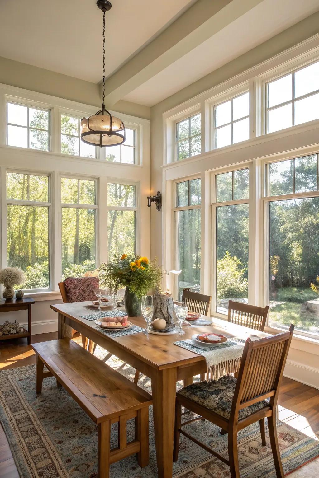 Ambient light accentuates the openness of a farmhouse dining space.