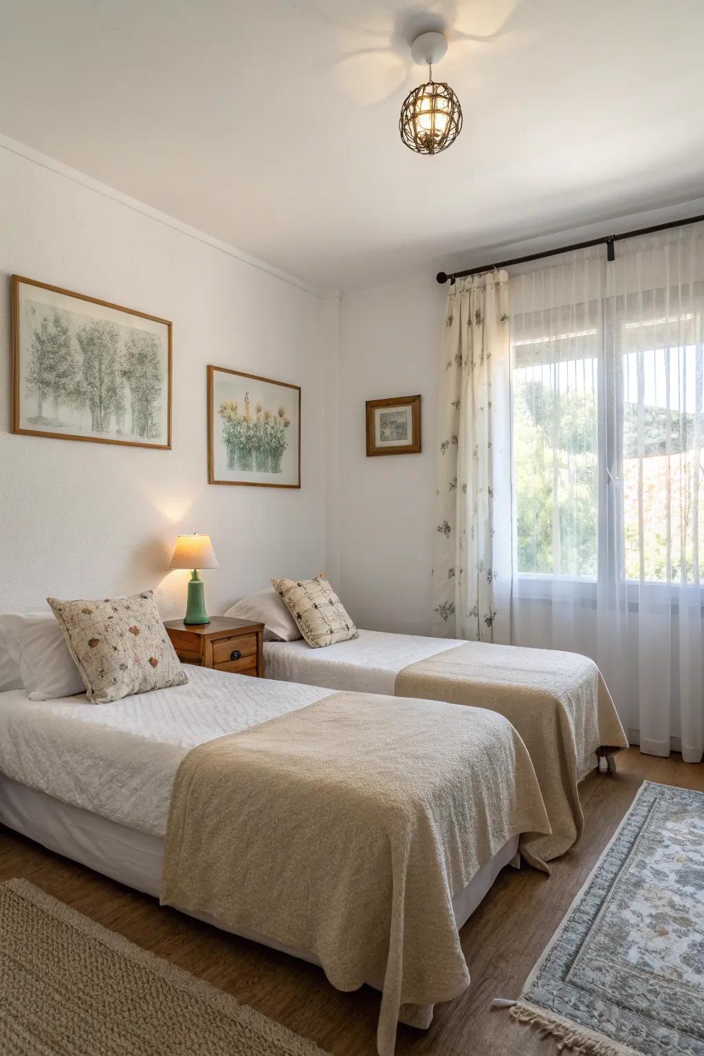 Simple decor underscores the serene ambiance of this farmhouse guest bedroom.
