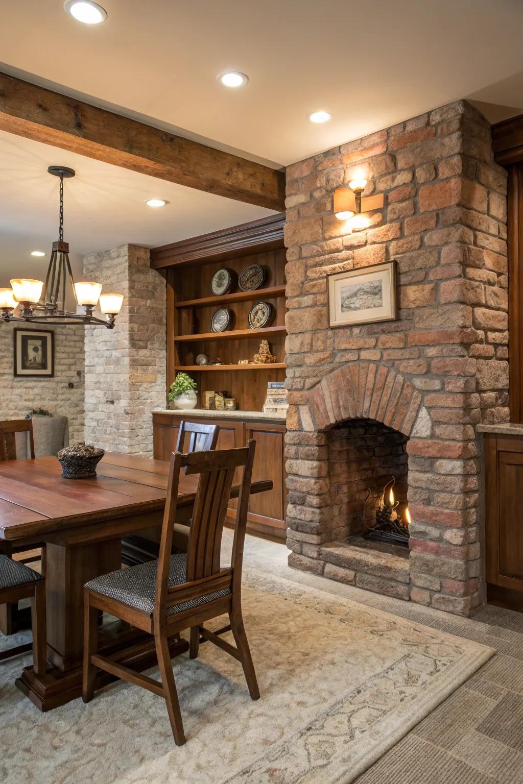 Rock and brick embellishments bestow countryside charm upon this contemporary farmhouse interior.