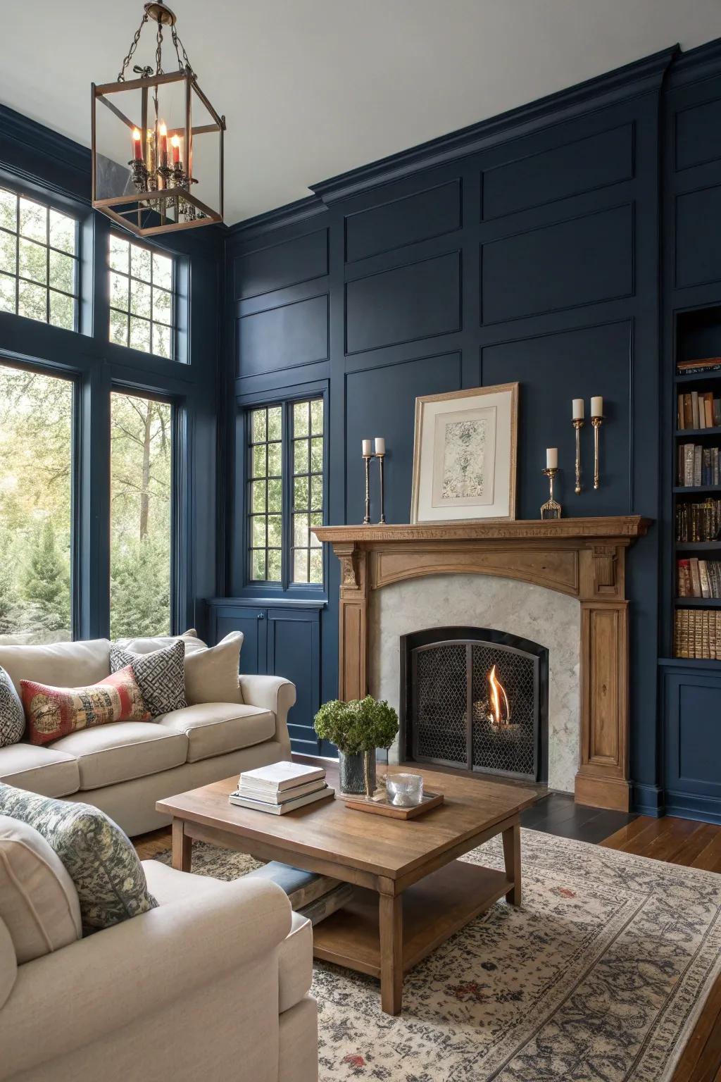 Deep tones contribute drama and coziness to your fireplace wall.