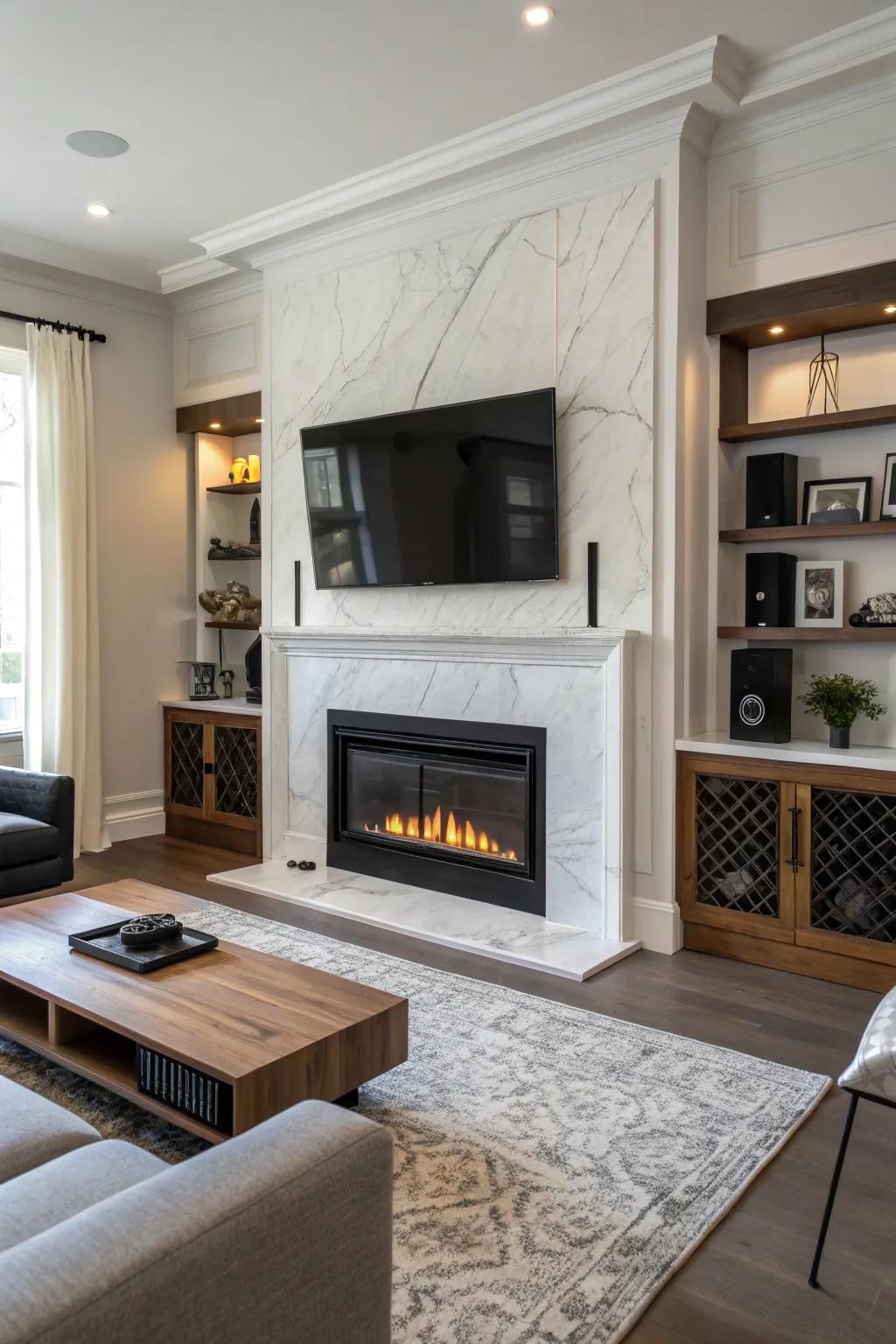 Consolidated sound solutions harmonize effortlessly with the fireplace and TV arrangement.