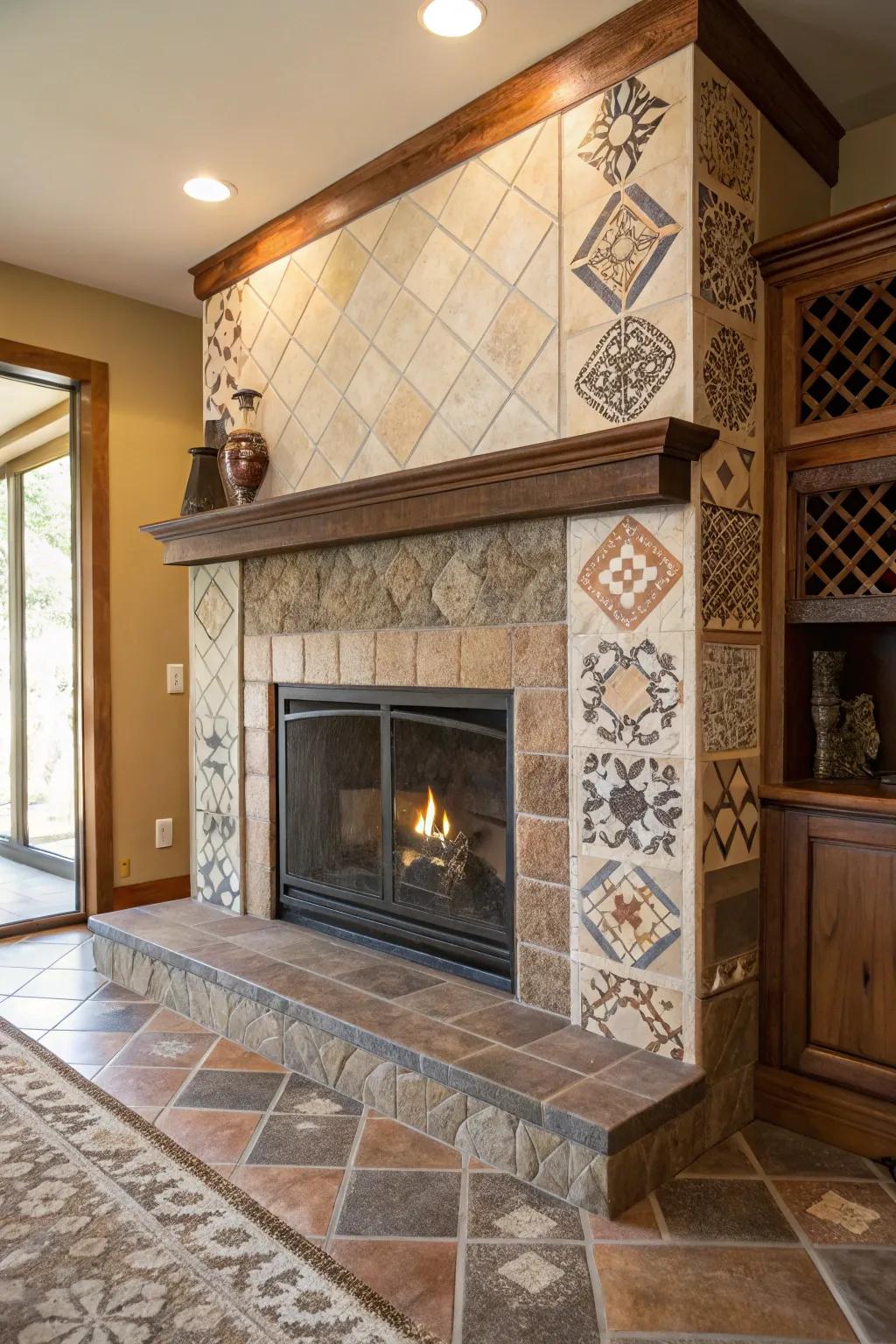 Extra visual depth achieved by using varied surfaces in fireplace tiles.