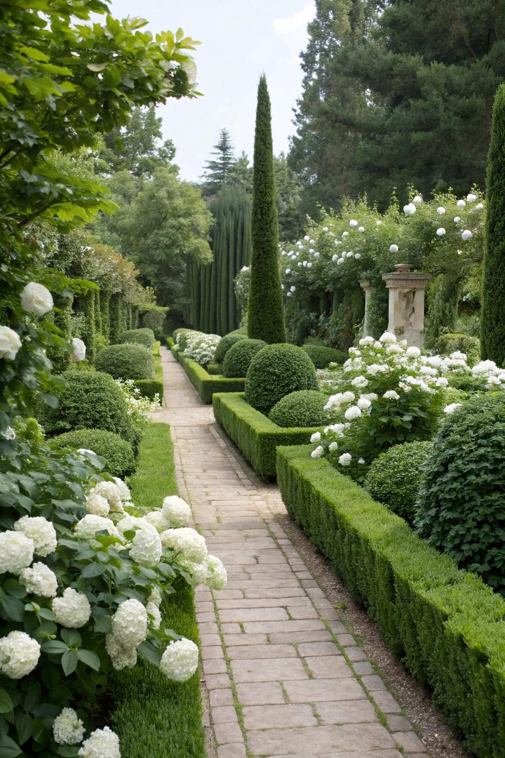 A harmonious color scheme of greenery and white flowers produces a calming atmosphere.