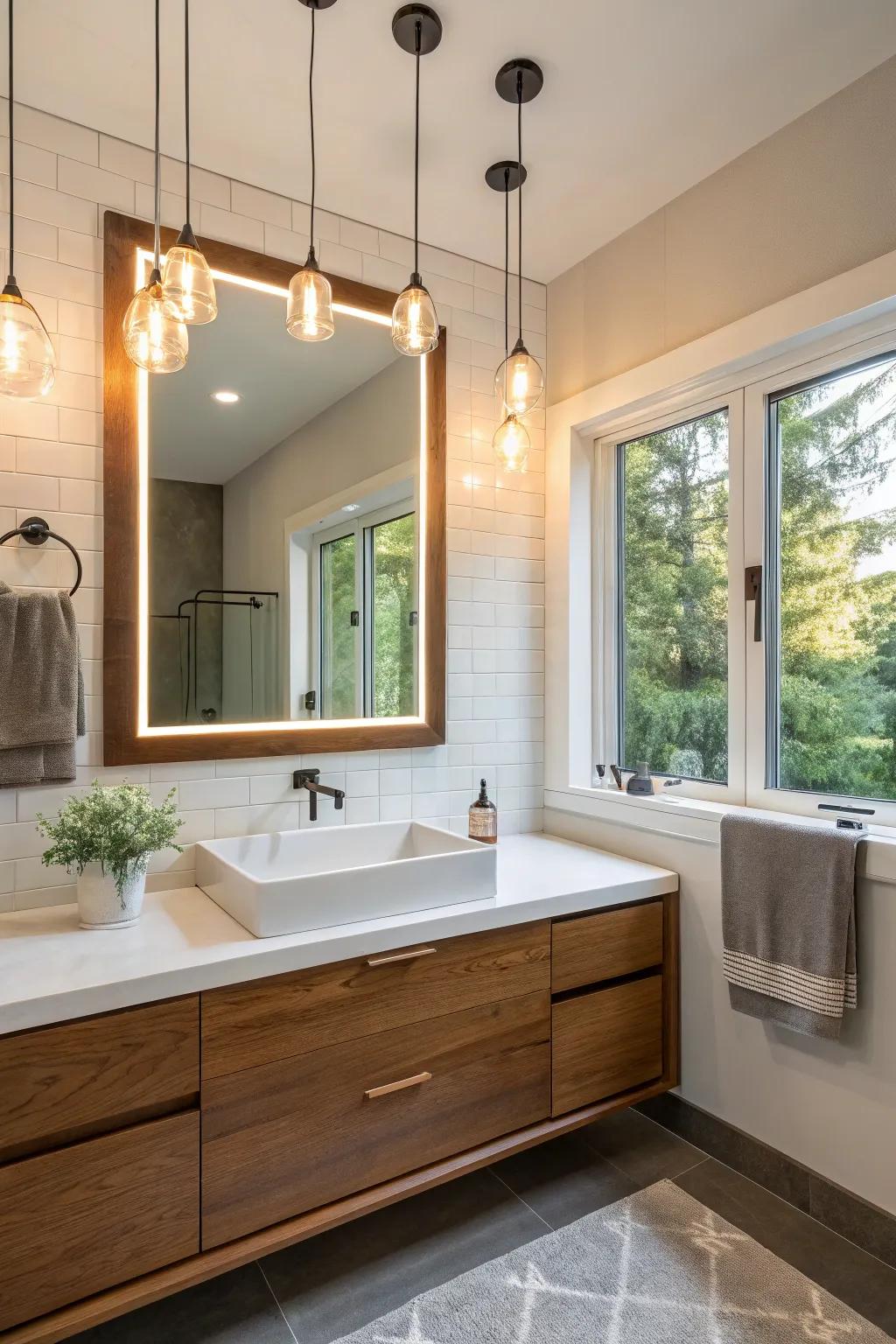 Coordinated lighting establishes a bright and inviting atmosphere.